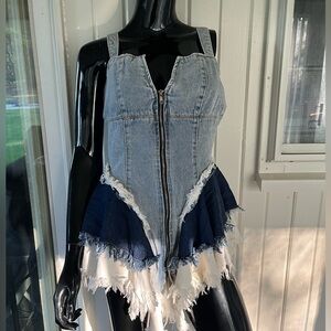 Denim Zip-Up Dress with Frayed Hem